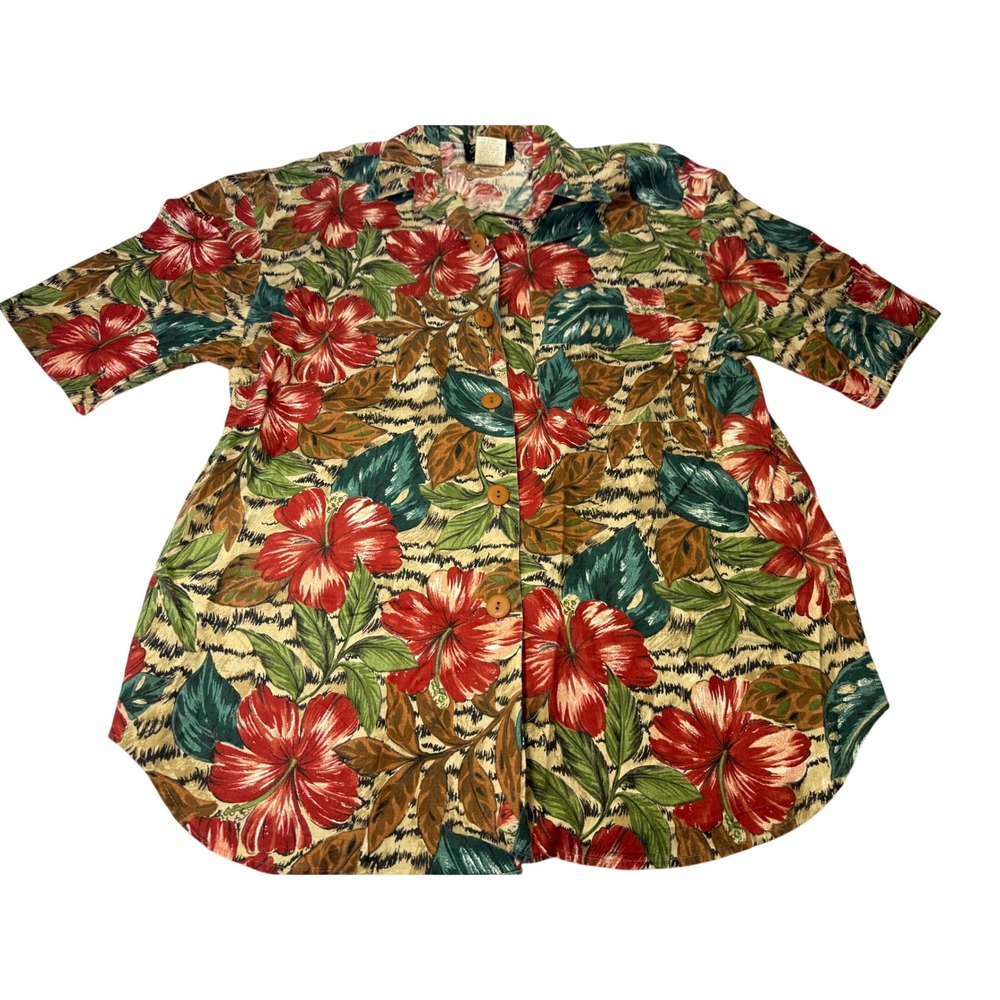 Vintage Michele Leslie Womens Floral Button Up Shirt L Aloha Hawaiian Tropical